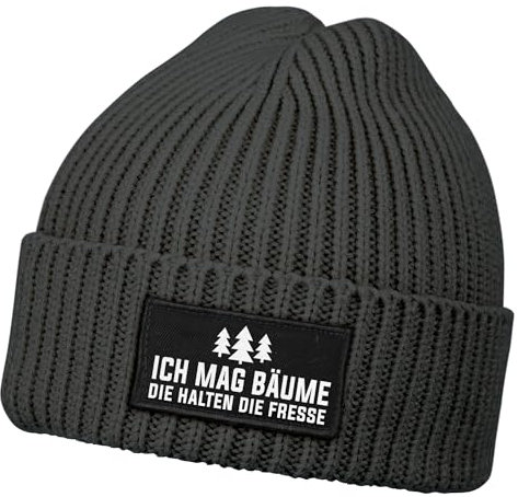 MoonWorks® Herren Beanie mit Patch Strickmütze mit Spruch Ich mag Bäume -die halten die Fresse Aufdruck Lustig Mütze Männer Dunkelgrau Unisize