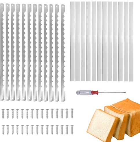 AAEJE 12 Pcs Bread Bow Knife Blades, 10.8 Serrated Stainless Steel blades with Screws, Screwdriver, and Safety Guard, Replacement for Wood Bread Cutter, Bow Bread Knife Replacement Blades