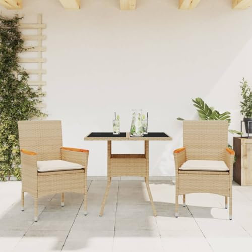 Xichuzi 3-TLG. Garten-Essgruppe mit Kissen Beige Poly Rattan und Glas, Esstisch Mit Stühlen Set, Gartenmöbel Sitzgruppe, Balkon Möbel, Gartenlounge Set, Terrassenmöbel, Balkonmöbel Set - 3278707