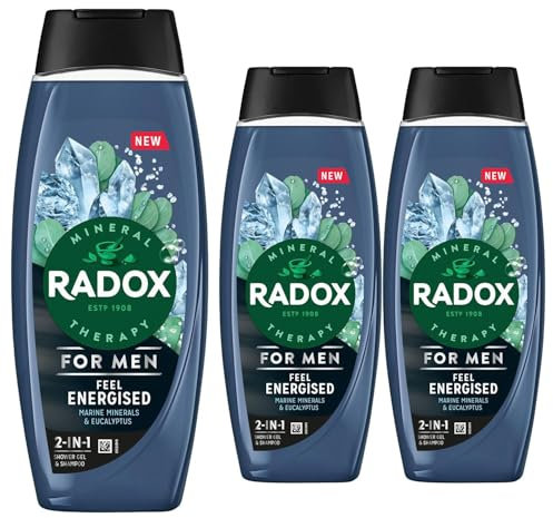 Radox Mineral Therapy 2-In-1 Shower Gel and Shampoo Feel Energised, Pack of 3, Men's Body Wash with Marine Minerals and Eucalyptus for A Cooling Experience, 450 ml