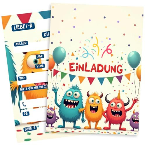 ZETTMANN® 10er Einladungskarten Kindergeburtstag Mädchen Junge - Einladung zum Geburtstag - Einladungskarten Geburtstag - Geburtstagseinladungen für Kinder (Lustige Monster)