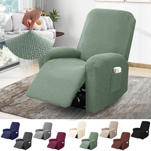 BOYIFEIJIE Funda Sillon Relax Reclinable 1 Plaza, Funda Sofa Relax con Bolsillos, Fundas Elástica de Jacquard a Rayas Diseño Todo Incluido para Sillón Reclinable (Verde Pino, 4-Piezas)