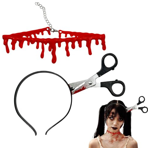 WINUSD 2pcs Halloween Fake Messer durch Stirnbänder Kits, Halloween Vampir Fake Blut Halskette und Fake Schere Stirnband