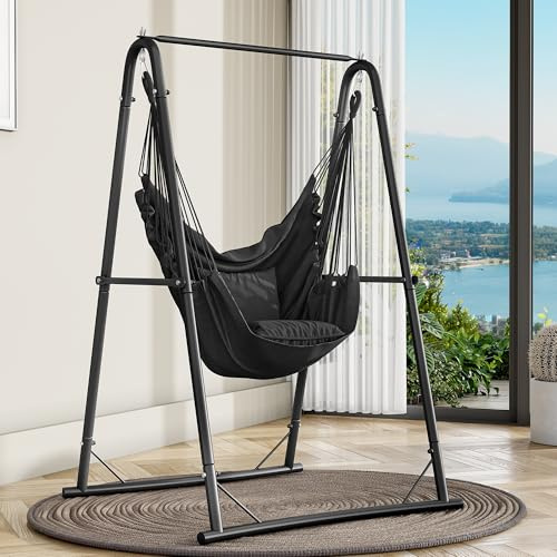 YITAHOME Hängande hängmatta med struktur 105 x 93 x 160 cm, stabil stålram, hängmatthållare med hängande gunga, maximal belastning 150 kg, gungstol med 2 krokar och 2 kuddar