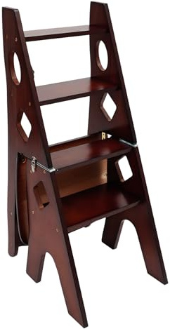 QIERF 4-Stufen Klappbarer Tritthocker 2-in-1 Holz Trittleiter und Stuhl Klappbar Holztrittleiter 100kg Tragfähigkeit Sicherheitsverriegelung für Küche, Wohnzimmer (Walnussfarbe, 34 * 44.5 * 87cm)