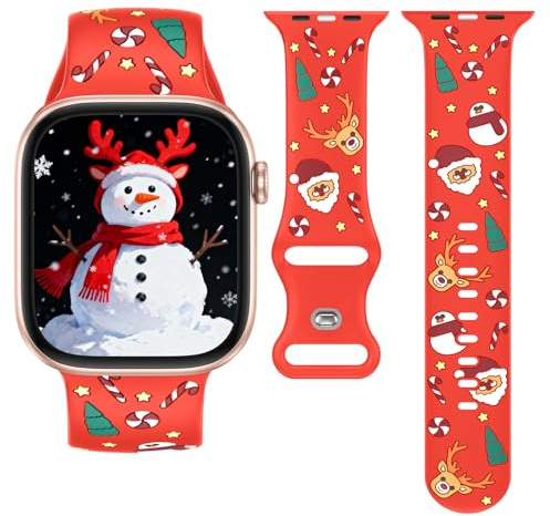 Kamita Cinturino Natalizio per Apple Watch Straps 49mm 46mm 45mm 44mm, Cinturini di Ricambio in Morbido Silicone, Adorabile Watchband Natale Regolabile per iWatch Serie 11 10 9 8 7 6 5 Ultra (Rosso)