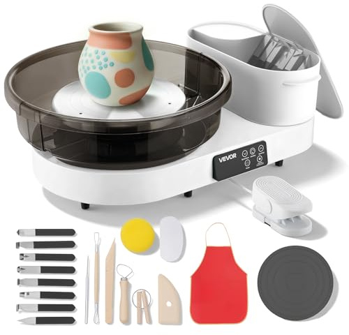 VEVOR Tornio da Ceramica con Piatti Girevoli da 36 e 28 cm, Giradischi da Tavolo Elettrico 450 W con Pedale, velocità Regolabile da 30 a 300 Giri/min, Corpo in Alluminio, per Modellazione Argilla