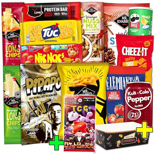 Snack Box XXL | Internationaler Mix: Chips, Nüsse & herzhafte Snacks | Inkl. Kult-Drink & Japanischem TCG Booster | Candy & Bar®
