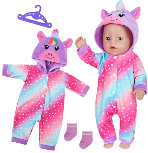 Puppenkleidung Set für 36-43 cm Newborn Baby Puppen, Pony Rosa-Blauer Sternenhimmel Strampler mit Niedlichen 3D Pony-Hörnern, 1 Kleiderbügel 1 Paar Socken, Kinder Geschenke für 14-17 Zoll Babypuppe