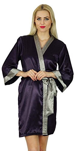 Bimba Vestaglia corta classica da donna in raso per prepararsi sposa damigella d'onore vesti kimono manica coverup, Viola scuro, XL