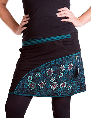 Vishes - Alternative Bekleidung - Bedruckter und bestickter Baumwollrock mit Blumen und ?Hosentaschen? schwarz-türkis 36