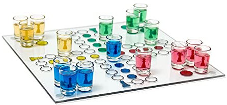 Relaxdays 10010181 Drinking Spiel, Partyspiel für Erwachsene, Brett, 2 Würfel & 16 Shotgläser, lustiges, bunt, Grau/Silber/Metallic, Trinkspiel Ludo