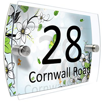 CS Printing House Number Sign Plaque Garden Glass Effect Acrylic Sign Door Plate Marble Wall Display 2 Part Branded Acrylic (Summer flowers)