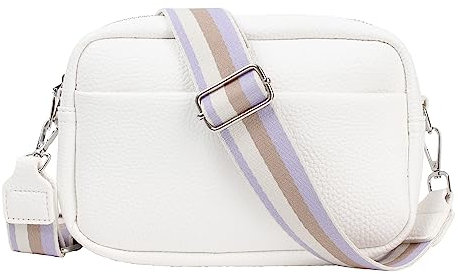 Milya Mode Kleine PU Ledertasche Schultertasche Umhängetasche mit Nylon Breitem Riemen Reißverschluss Weiß