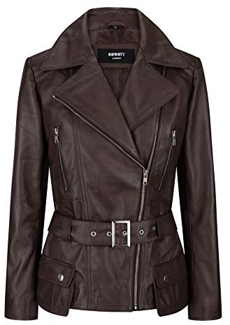 Ladies Women Brown Real Leather Smart Style Belted Fitted Jacket - Brown 3XL