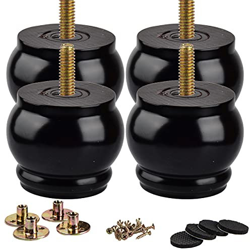 La Vane Lot de 4 pieds de meubles en bois massif M8 avec boulons pré-percés et plaque de montage et vis pour canapé ou commode Noir 7 cm