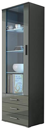 Vitrine mit Blauer LED Beleuchtung SOHO S1 Vitrinenschrank Standvitrine Stauraumvitrine Glasvitrine Schrank Wohnzimmerschran (Grau/Grau Hochglanz)