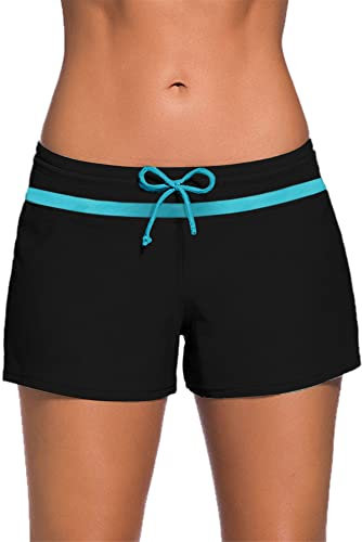 Kfnire Badeshorts Damen Eingebautes Futter Bikini mit Shorts Schnell Trocknend UV-Schutz Kurze Sporthose Badehose (Schwarz+Blau,M)
