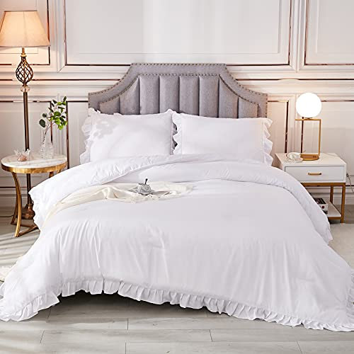 Andency Weißes Rüschen-Bettwäsche-Set für King-Size-Betten (251 x 228 cm), 3-teilig (1 x Rüschen-Decke und 2 Kissenbezüge), Landhaus-Stil, rustikal, weiche Mikrofaser-Daunen-Alternativ-Bettwäsche-Set