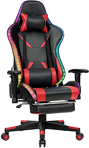DREAMADE Gamingstuhl mit Licht, Ergonomischer Racingstuhl mit einziehbarer Fußstütze, E-Sports Stuhl mit Verstellbarer Armlehne und Rückenlehne, Drehstuhl mit Kopfkissen und Lendenkissen (Rot)