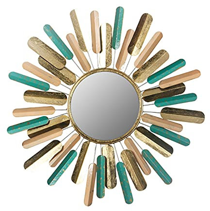 Großer Blauer Blattgold Retro-Spiegel, Dekorativer Runder Wandspiegel, Nordischer Stil Boho Chic Runder Dekorativer Spiegel Für Flur Oder Badezimmer, 80cm,