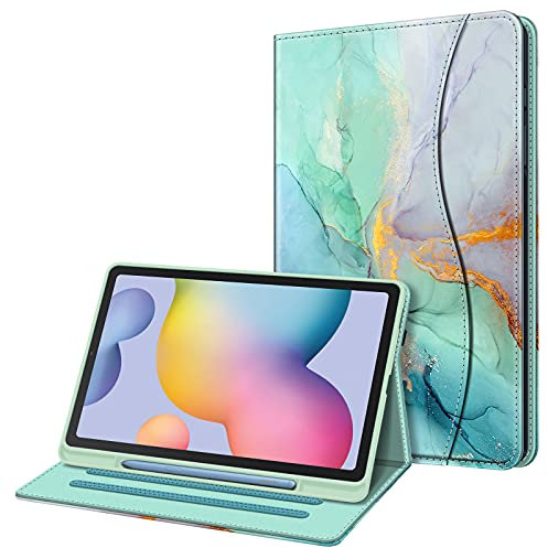 Fintie Hülle für Samsung Galaxy Tab S6 Lite 10.4 2024/2022/2020, Soft TPU Rückseite Gehäuse Schutzhülle mit S Pen Halter und Dokumentschlitze, Smaragd Marmor
