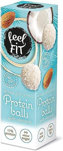 Feel FIT Zuckerfreie Kokos-Pralinen mit Mandeln á 27 g, Zuckerfreie Snack, Protein Balls mit Kokosraspeln