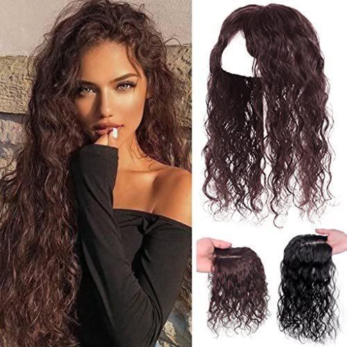 EREE HAIR 13 x 14 cm Seide oben Base Natürliches lockiges Echthaar Topper für Frauen mit dünner werdendem Haar, Frauen Toupet Clip in Wave Haarteil Topper Top Haarteil 25,4 cm Dunkelbraun