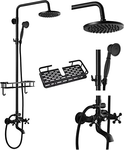 gotonovo Exposed Bathroom Shower Faucet Wall Mounted Outdoor Shower System 8 Inch Shower Head and Tub Spout Double Cross Handles Adjustable Handheld Sprayer with Shower Shelf Matte Black
