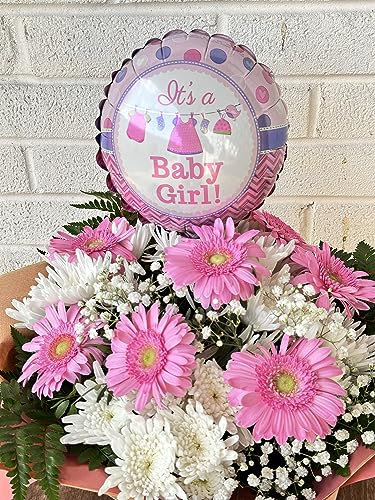 Pinky Single kiss, Next Day Delivery, Fresh cut flowers, The Pinky Single Kiss Bouquet: A Floral Embrace with 'It's a Girl' Balloon Included