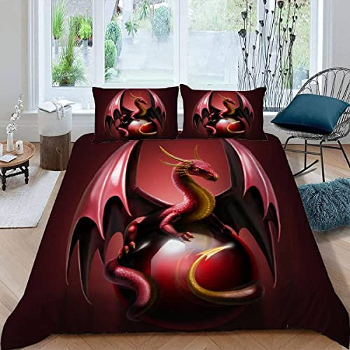 VASENA Bettwäsche 155x220 Drache Comic-Tier Bettbezug 3D Druck flauschig Hypoallergen Bettwäsche-Set 3Teilig Teenager Jungen Mädchen Mikrofaser Roter Drache Betten Set