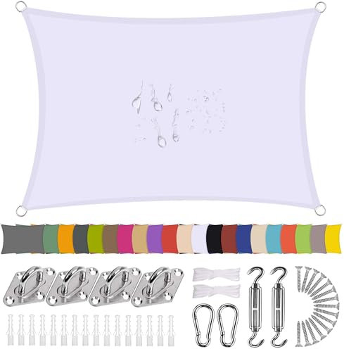 Voile d ombrage 4x6.5m Blanc, Toile Solaire Rectangular, perméable à l'air Protection Contre Le Soleil Toile + Kit de Fixation Inclus, pour Jardin terrasse Camping