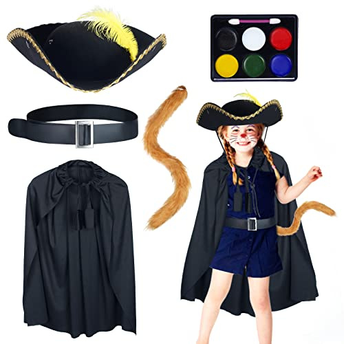 Keymall Cat Costume For Kids Hat Cape Tail Belt Face Paint Dress Up Costume Accessories Set for Halloween (Set A)