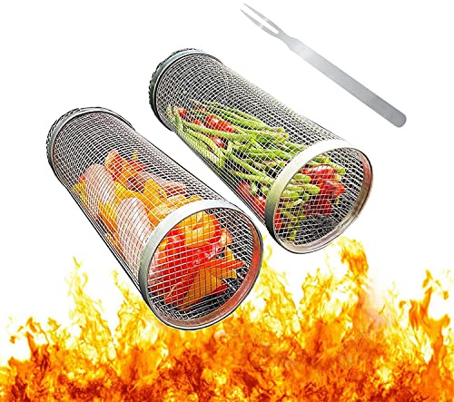 2 Stück Rolling Grillkorb mit Gabel , Edelstahl Grillkorb Grill Korb mit Griff,Grillkorb Grill Rack für Außengrill Gemüse, BBQ Grillhalter Grill Korb für Pommes,Fisch,Garnelen,Camping Essentials
