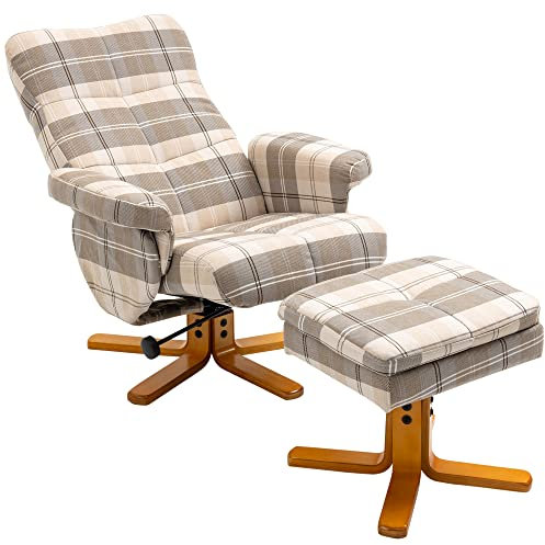 HOMCOM Linen Swivel Recliner Chair with Footstool, Wooden Base and Storage for Living Room, Multicolour