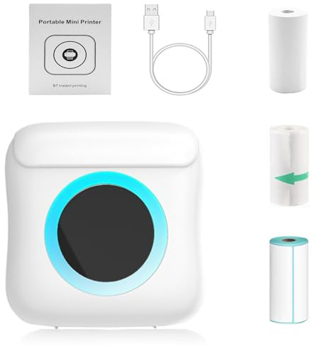 Meagtlva Mini-Drucker, Bluetooth, tintenloser Thermodrucker mit Thermopapier, Etikett und Aufkleber, tragbarer Belegdrucker für Fotonotizen, Memo und Arbeitsliste (weiß)