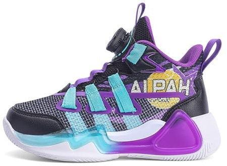 Uhclrr Children's Basketball Shoes With Rotating Buckle Sports Shoes, Children's Fashionable And Comfortable Basketball Shoes(39 EU, Purple)