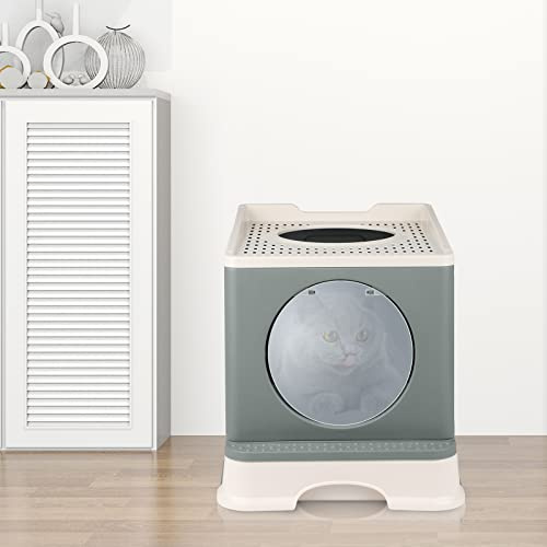 Bac à litière pour Chat Maison de Toilette fermé Pliable Double Porte battante et supérieure + Pelle + tiroir à litière Nettoyage Facile Avant et entrée par Le Haut (48 * 39 * 34 cm-Gris)