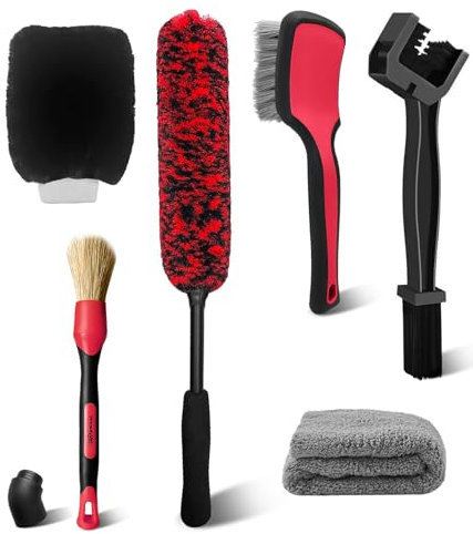 YeewayVeh Motorcycle Cleaning Brush Kit, 6 Pack Soft & Scratch-Free Wheel Rim Deep Cleanning Brushes, Tire Dressing Applicator and Detailing Brush for Car Bike Tyre Rim Fenders Frame Car Wash Kit,Red