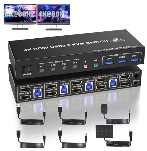 HDMI KVM Switch 4 PC 2 Monitor, Simulation EDID, Dual Monitor 4K@60Hz Commutateur KVM pour 4 Ordinateurs Partagent 2 Écrans et Sortie Microphone Audio et 3 Périphériques USB 3.0 pour Clavier Souris