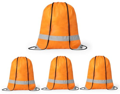 noTrash2003 4 Stück Kordelzug Turnbeutel mit Reflektorstreifen Sportbeutel Sporttasche Rucksack Wasserdichter Beutel Gym Bag für Damen Herren Jungs Mädchen Teenager Sicherheit im Dunklen (Orange)