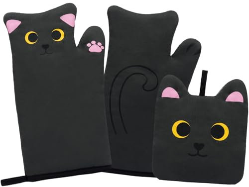NIGOWAYS Black Cat Design Oven Mitts, Quilted Cotton Lining, Heat Resistant, Non-Slip, 12*8*7.5 in, Set of 2 Mitts & 1 Pad, Perfect for Baking, Microwave, Grill, Gift for Mom, Cat Lovers