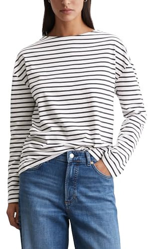 Marc O'Polo Denim Damen Langarmshirt mit U-Boot-Ausschnitt gestreift, Weiß (Offwhite Multi 01), M