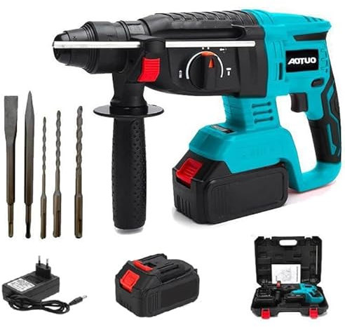 Trapano Tassellatore a Batteria, con 2 Batterie, Martello Demolitore, Mandrino SDS 26mm, Martello a Percussione, Motore Brushless, 4000 RPM, Uso Domestico e Professionale + Guanti in Omaggio