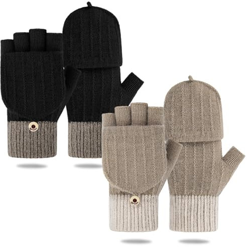 Justay Sowarm Fingerlose Handschuhe Damen Winter Warme Fäustlinge Strickhandschuhe Mit Flip Top Sport Warm und Winddicht Winterhandschuhe für Damen und Herren 2 Paar
