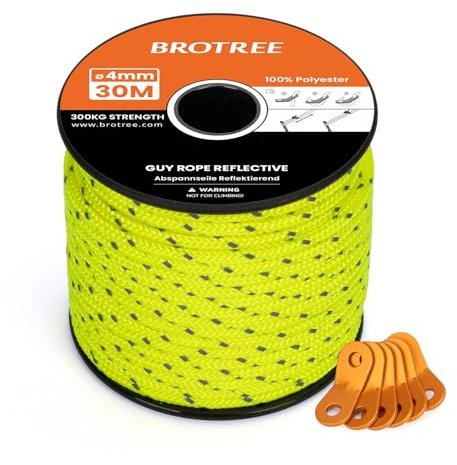 BROTREE Abspannseile Camping 30m Zeltschnur mit 6 x Spanner 4mm Reflektierend Abspannseile mit Seilspanner für Zelt Camping Sonnensegel Vorzelt (Neon Gelb)