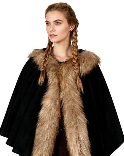 keland Kapuzenumhang Mittelalter Kapuze Gugel mit Wikinger Fellkragen für Damen (Schwarz)