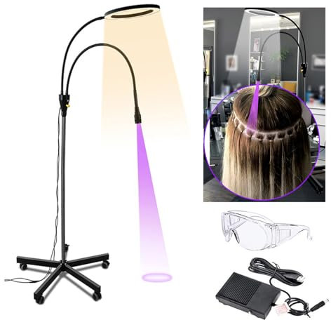 2 In 1 LED Fill Light + UV Eyelash Lamp, 10 W LED Floor Lamp, with Foot Switch/UV Glasses, Adjustable Aperture, Removable Base, for Hair Extensions, Jewelry Repair, Glass and Porcelain Repair,Black