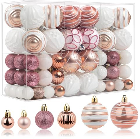 100 Pcs Christmas Ball Ornaments Set, Rose Gold and White Xmas Tree Decoration, Pink White Shatterproof Decorative Hanging Balls with Loop for Christmas Party Holiday Wreath Garland Home Décor