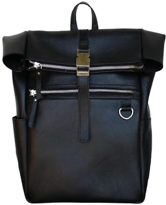 jaald Leather Backpack Vintage Rucksack Laptop Bag Water Resistant Roll Top College Bookbag, Black, 17, Classic Roll-top